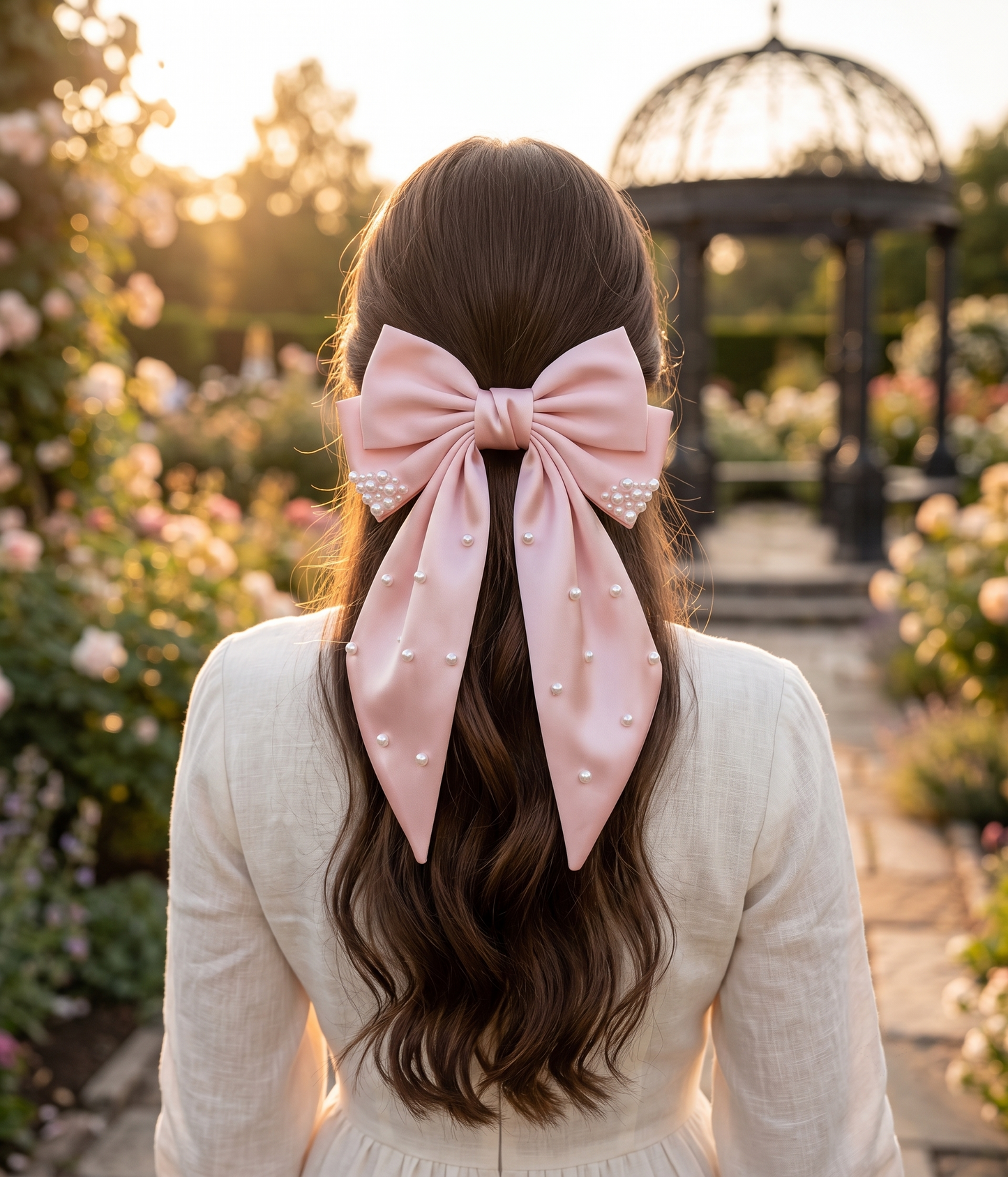 Blush Pink Pearl Hair Bow, Oversized Satin Hair Bow, Pearl Bow Clip, Elegant Girls Hair Accessory, Bridal Bow, Gift for Her