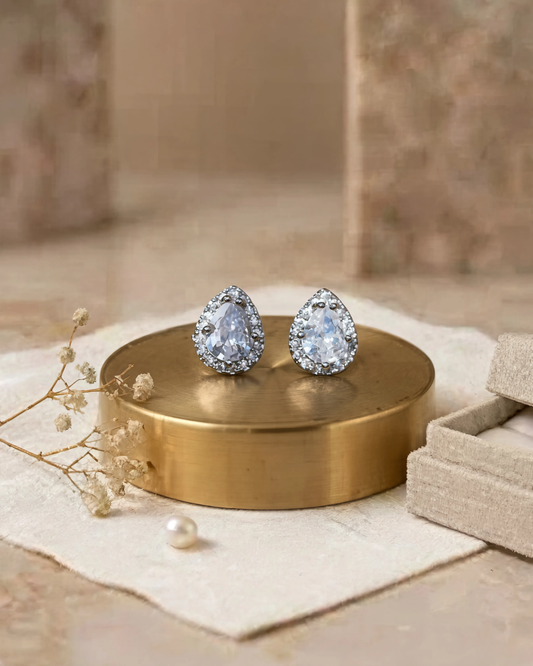 Pear Cut Halo Crystal Stud Earrings | Elegant Teardrop Sparkle Earrings for Women
