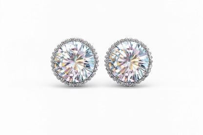 Round Brilliant Cubic Zirconia Stud Earrings | Halo Stud Earrings | White Gold Tone Earrings | Minimalist Everyday Jewelry | Gift for Her
