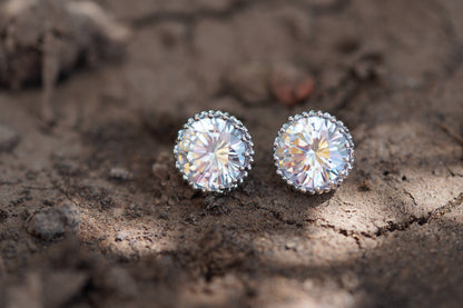Round Brilliant Cubic Zirconia Stud Earrings | Halo Stud Earrings | White Gold Tone Earrings | Minimalist Everyday Jewelry | Gift for Her
