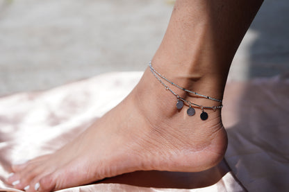 Minimalist Silver Bar Anklet, Double Layer Disc Charm Anklet, Adjustable Dainty Ankle Bracelet, Everyday Jewellery Gift for Women