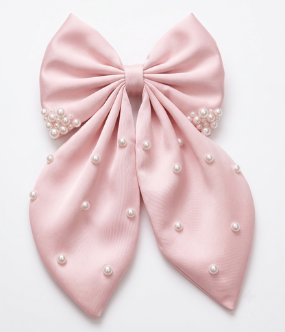 Blush Pink Pearl Hair Bow, Oversized Satin Hair Bow, Pearl Bow Clip, Elegant Girls Hair Accessory, Bridal Bow, Gift for Her