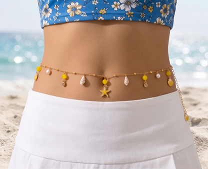 Handmade Beach Belly Chain | Gold Waist Chain with Shells, Pearls & Starfish | Bikini Body Jewelry for Women
