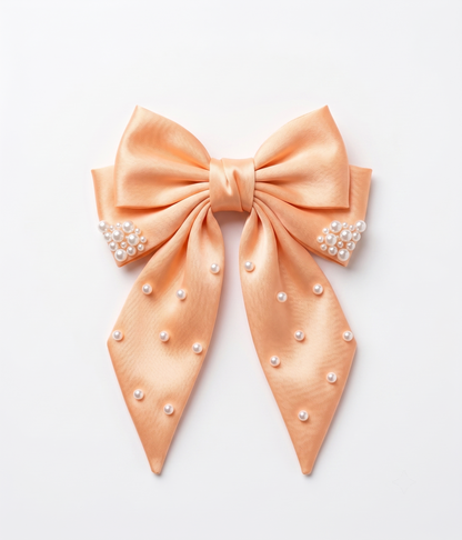 Blush Pink Pearl Hair Bow, Oversized Satin Hair Bow, Pearl Bow Clip, Elegant Girls Hair Accessory, Bridal Bow, Gift for Her