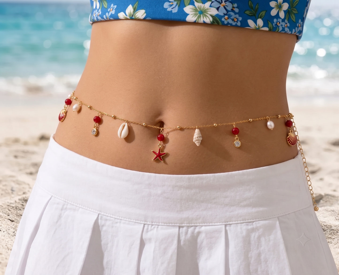 Handmade Beach Belly Chain | Gold Waist Chain with Shells, Pearls & Starfish | Bikini Body Jewelry for Women