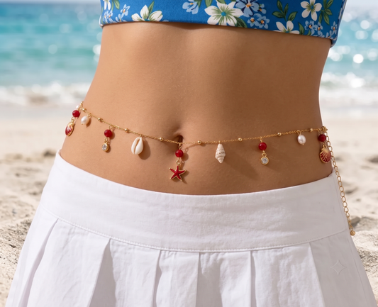 Handmade Beach Belly Chain | Gold Waist Chain with Shells, Pearls & Starfish | Bikini Body Jewelry for Women