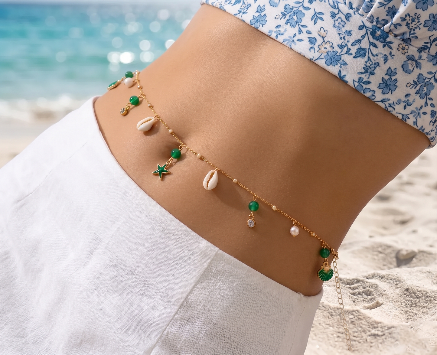 Handmade Beach Belly Chain | Gold Waist Chain with Shells, Pearls & Starfish | Bikini Body Jewelry for Women