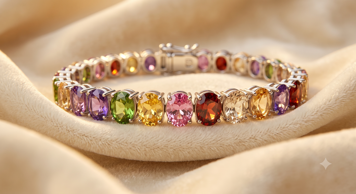 Rainbow Oval Shape Tennis Bracelet With Silver Polish-Dainty Bracelet-Mother's Day Gift