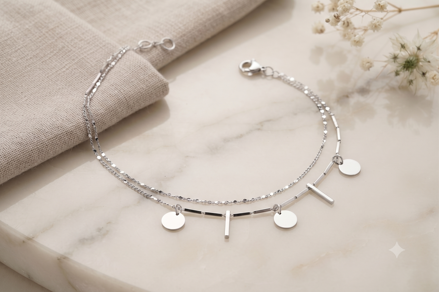 Minimalist Silver Bar Anklet, Double Layer Disc Charm Anklet, Adjustable Dainty Ankle Bracelet, Everyday Jewellery Gift for Women