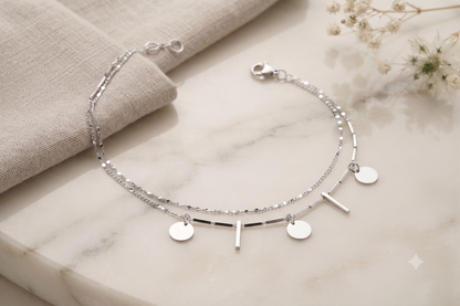 Minimalist Silver Bar Anklet, Double Layer Disc Charm Anklet, Adjustable Dainty Ankle Bracelet, Everyday Jewellery Gift for Women