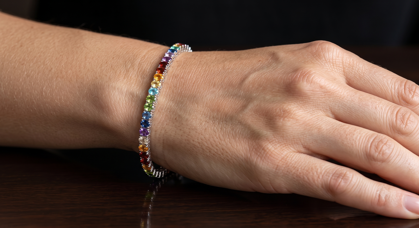 Rainbow Oval Shape Tennis Bracelet With Silver Polish-Dainty Bracelet-Mother's Day Gift
