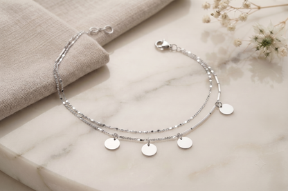 Minimalist Silver Bar Anklet, Double Layer Disc Charm Anklet, Adjustable Dainty Ankle Bracelet, Everyday Jewellery Gift for Women