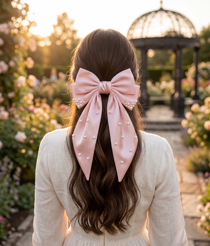 Blush Pink Pearl Hair Bow, Oversized Satin Hair Bow, Pearl Bow Clip, Elegant Girls Hair Accessory, Bridal Bow, Gift for Her