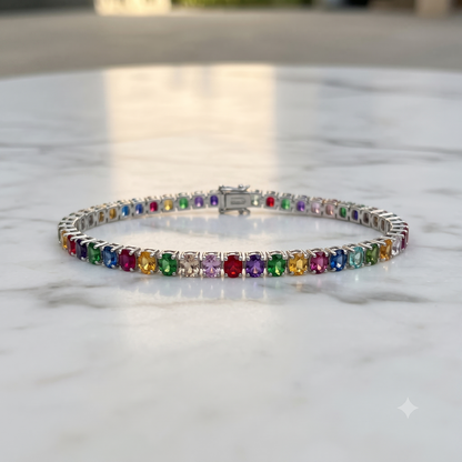 Rainbow Oval Shape Tennis Bracelet With Silver Polish-Dainty Bracelet-Mother's Day Gift
