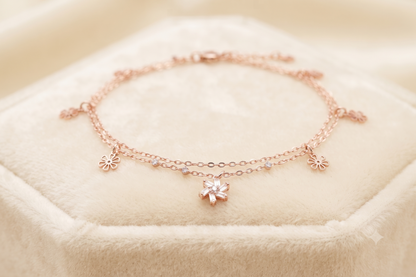 Rose Gold Floral Charm Anklet, Double Layer Dainty Anklet, Zircon Star Flower Anklet, Minimalist Gift for Women, Beach Jewelry
