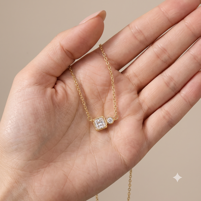 Minimalist Princess Cut Diamond Necklace, Gold Bezel Necklace, Dainty Everyday Necklace, Layering Chain, Bridesmaid Gift for Her