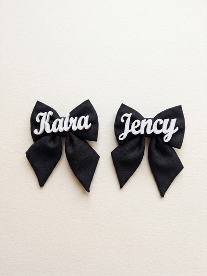 Personalized Name Hair Bow | Custom Black Fabric Bow with Acrylic Name | Girls Hair Clip | Baby Hair Bow | Birthday Gift | Photo Prop