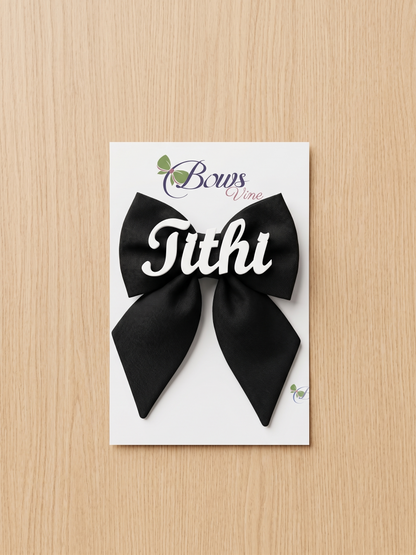 Personalized Name Hair Bow | Custom Black Fabric Bow with Acrylic Name | Girls Hair Clip | Baby Hair Bow | Birthday Gift | Photo Prop