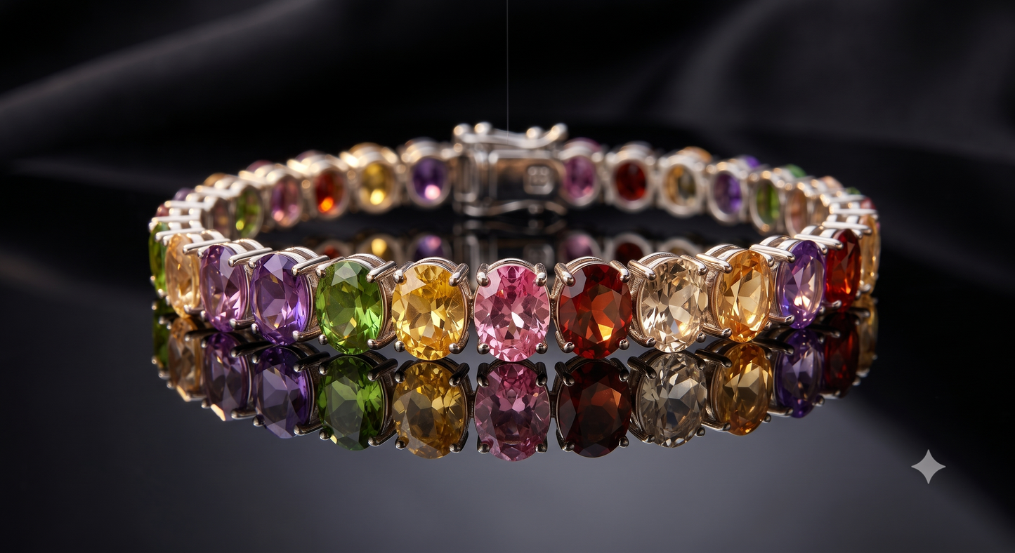Rainbow Oval Shape Tennis Bracelet With Silver Polish-Dainty Bracelet-Mother's Day Gift