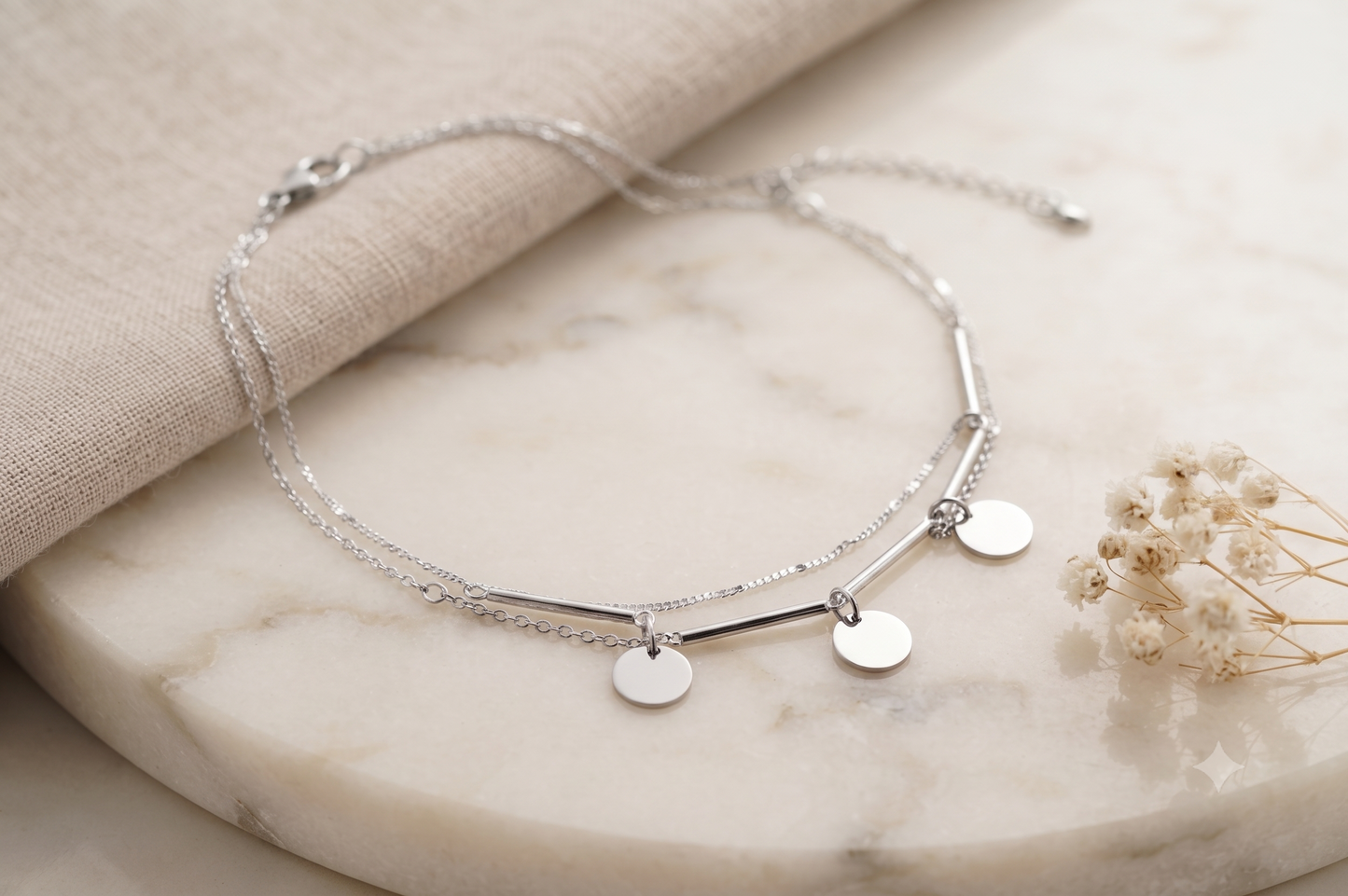 Minimalist Silver Bar Anklet, Double Layer Disc Charm Anklet, Adjustable Dainty Ankle Bracelet, Everyday Jewellery Gift for Women