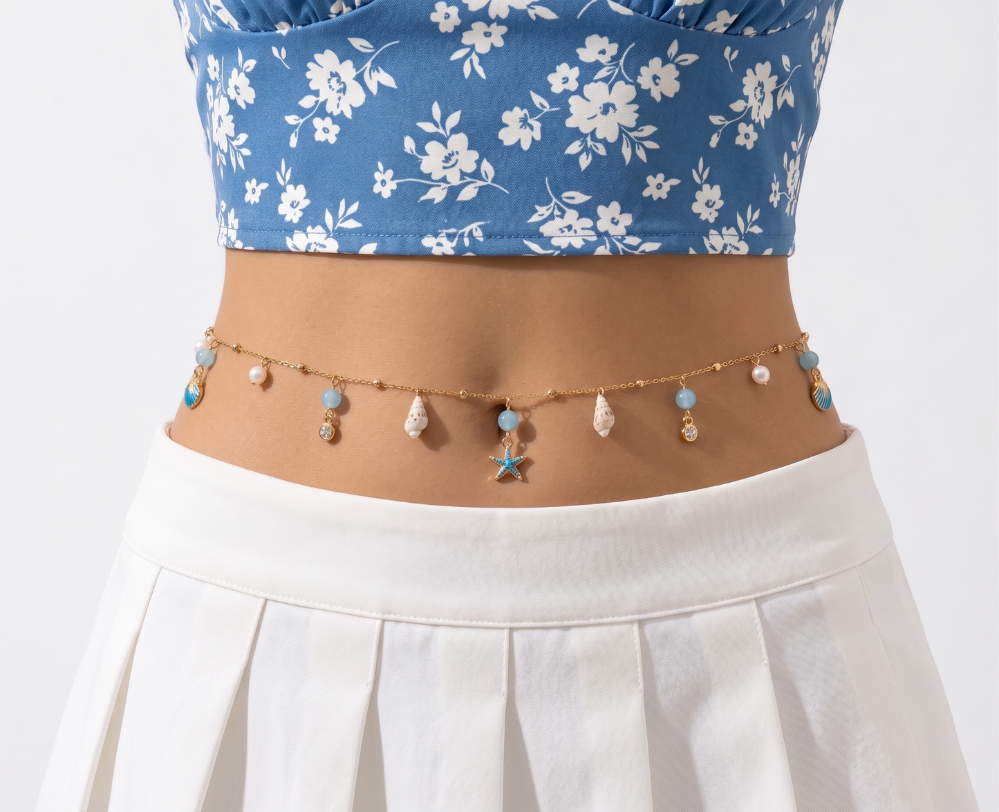 Handmade Beach Belly Chain | Gold Waist Chain with Shells, Pearls & Starfish | Bikini Body Jewelry for Women