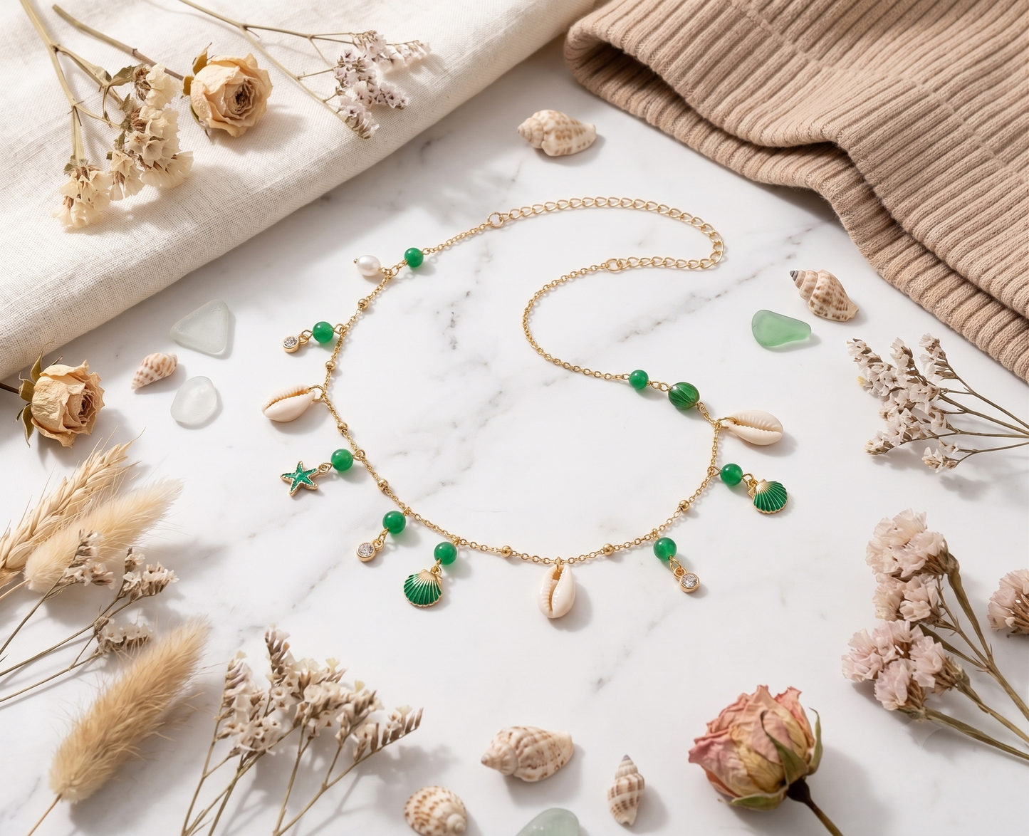 Handmade Beach Belly Chain | Gold Waist Chain with Shells, Pearls & Starfish | Bikini Body Jewelry for Women