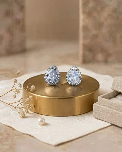 Pear Cut Halo Crystal Stud Earrings | Elegant Teardrop Sparkle Earrings for Women