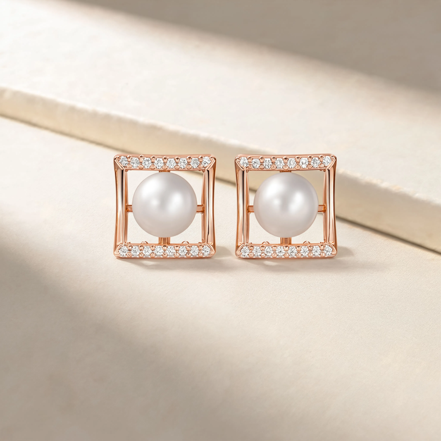 Square Pearl Crystal Stud Earrings | Rose Gold Geometric Pearl Earrings for Women