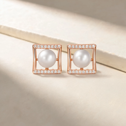 Square Pearl Crystal Stud Earrings | Rose Gold Geometric Pearl Earrings for Women