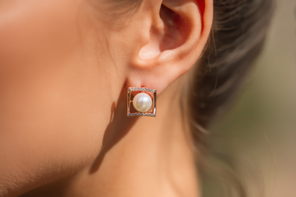 Square Pearl Crystal Stud Earrings | Rose Gold Geometric Pearl Earrings for Women
