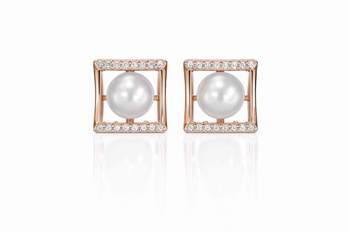 Square Pearl Crystal Stud Earrings | Rose Gold Geometric Pearl Earrings for Women