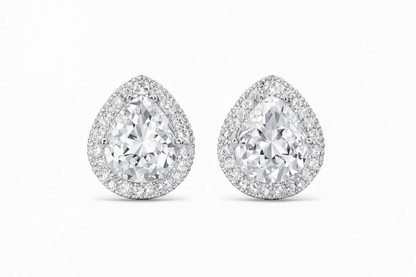 Pear Cut Halo Crystal Stud Earrings | Elegant Teardrop Sparkle Earrings for Women