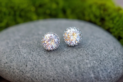 Round Brilliant Cubic Zirconia Stud Earrings | Halo Stud Earrings | White Gold Tone Earrings | Minimalist Everyday Jewelry | Gift for Her