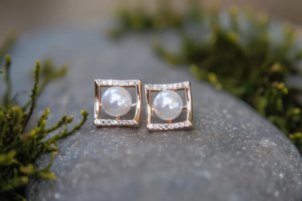 Square Pearl Crystal Stud Earrings | Rose Gold Geometric Pearl Earrings for Women