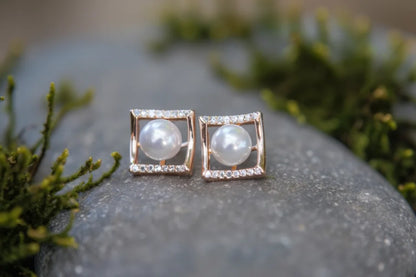 Square Pearl Crystal Stud Earrings | Rose Gold Geometric Pearl Earrings for Women